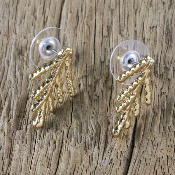 Alternate image for Gold Plated Natural Cypress Leaf Button Earrings Natural Needles