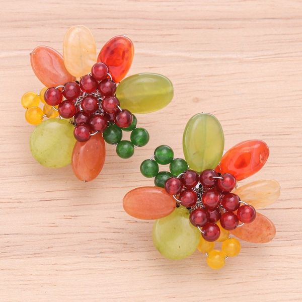 Alternate image for Red and Green Floral Quartz and Serpentine Clip-On Earrings Summer Petals