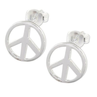 Alternate image for Handcrafted Sterling Silver Stud Earrings with Peace Sign Sign of Peace