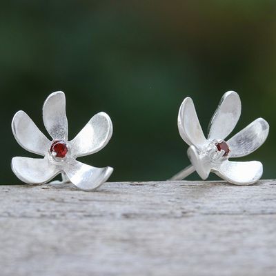 Alternate image for Sterling Silver Floral Stud Earrings with Garnet Stones Indian Cork Tree Flower