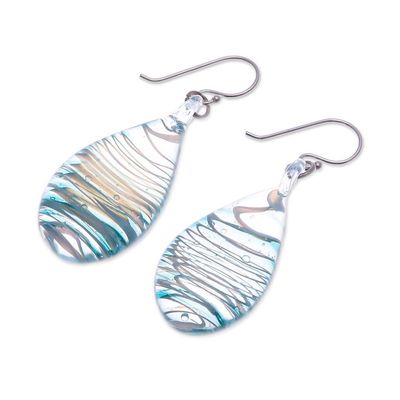 Alternate image for Handblown Glass Dangle Earrings with Blue  White Spirals Blue Ovate Leaf