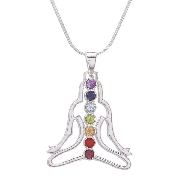 Alternate image for Thai Gemstone and Sterling Silver 7 Chakra Necklace Seven Chakra Rainbow