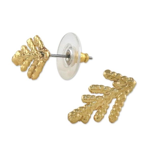 Alternate image for Gold Plated Natural Cypress Leaf Button Earrings Natural Needles