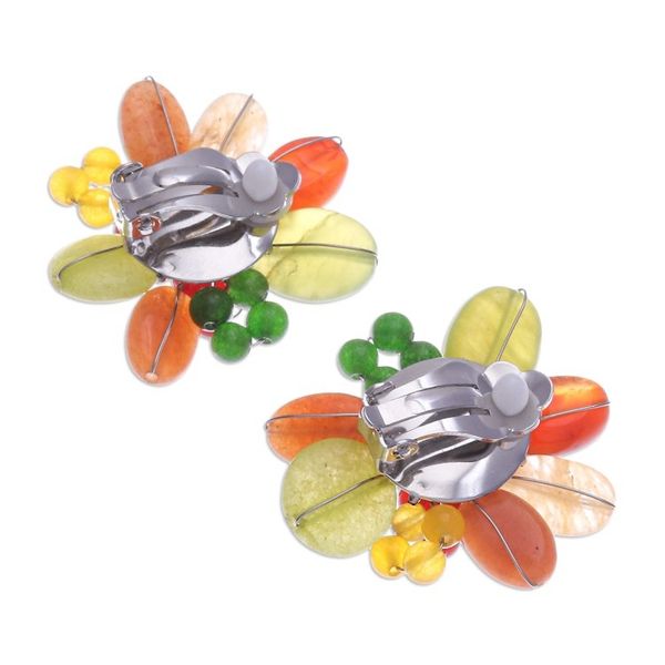 Alternate image for Red and Green Floral Quartz and Serpentine Clip-On Earrings Summer Petals
