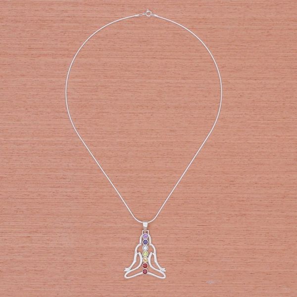 Alternate image for Thai Gemstone and Sterling Silver 7 Chakra Necklace Seven Chakra Rainbow