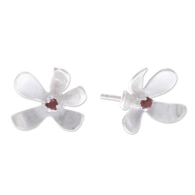 Alternate image for Sterling Silver Floral Stud Earrings with Garnet Stones Indian Cork Tree Flower