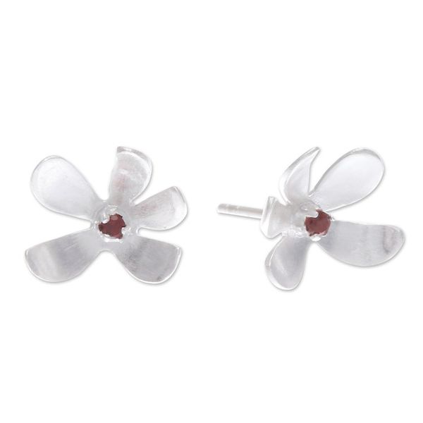 Alternate image for Sterling Silver Floral Stud Earrings with Garnet Stones Indian Cork Tree Flower