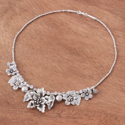 Alternate image for Thai Floral Hill Tribe 950 Silver Beaded Pendant Necklace Exuberant Bouquet