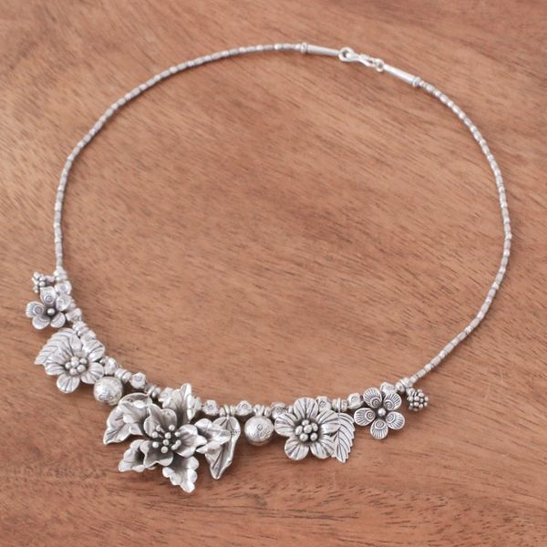 Alternate image for Thai Floral Hill Tribe 950 Silver Beaded Pendant Necklace Exuberant Bouquet