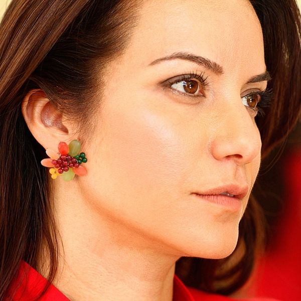 Alternate image for Red and Green Floral Quartz and Serpentine Clip-On Earrings Summer Petals