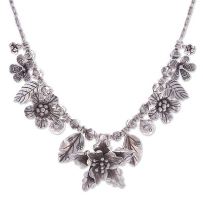 Alternate image for Thai Floral Hill Tribe 950 Silver Beaded Pendant Necklace Exuberant Bouquet