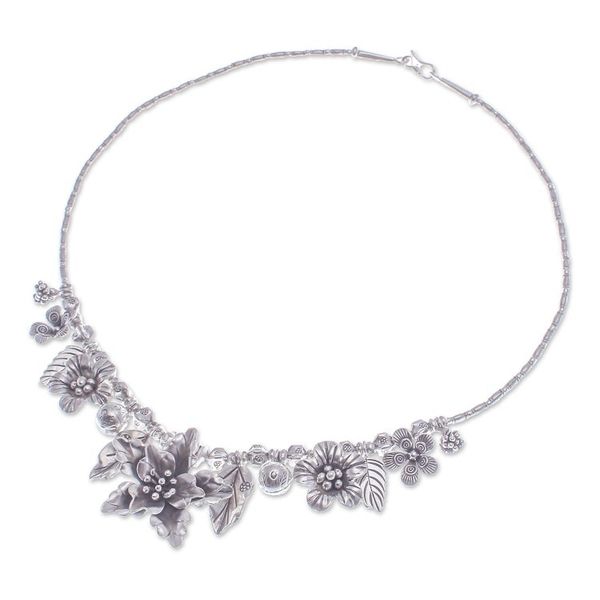 Alternate image for Thai Floral Hill Tribe 950 Silver Beaded Pendant Necklace Exuberant Bouquet