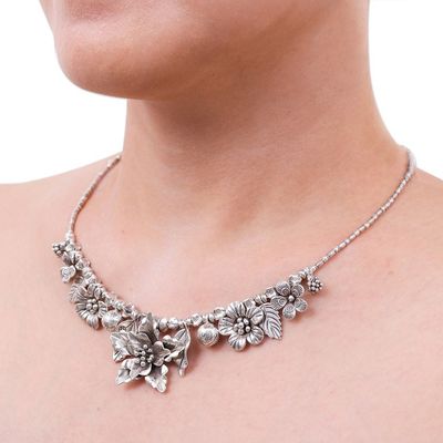 Alternate image for Thai Floral Hill Tribe 950 Silver Beaded Pendant Necklace Exuberant Bouquet