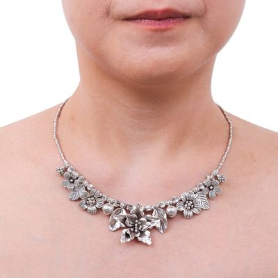 Alternate image for Thai Floral Hill Tribe 950 Silver Beaded Pendant Necklace Exuberant Bouquet