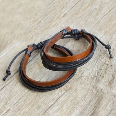 Alternate image for Brown Leather and Black Cotton Bracelets for Men Pair Bold Contrast