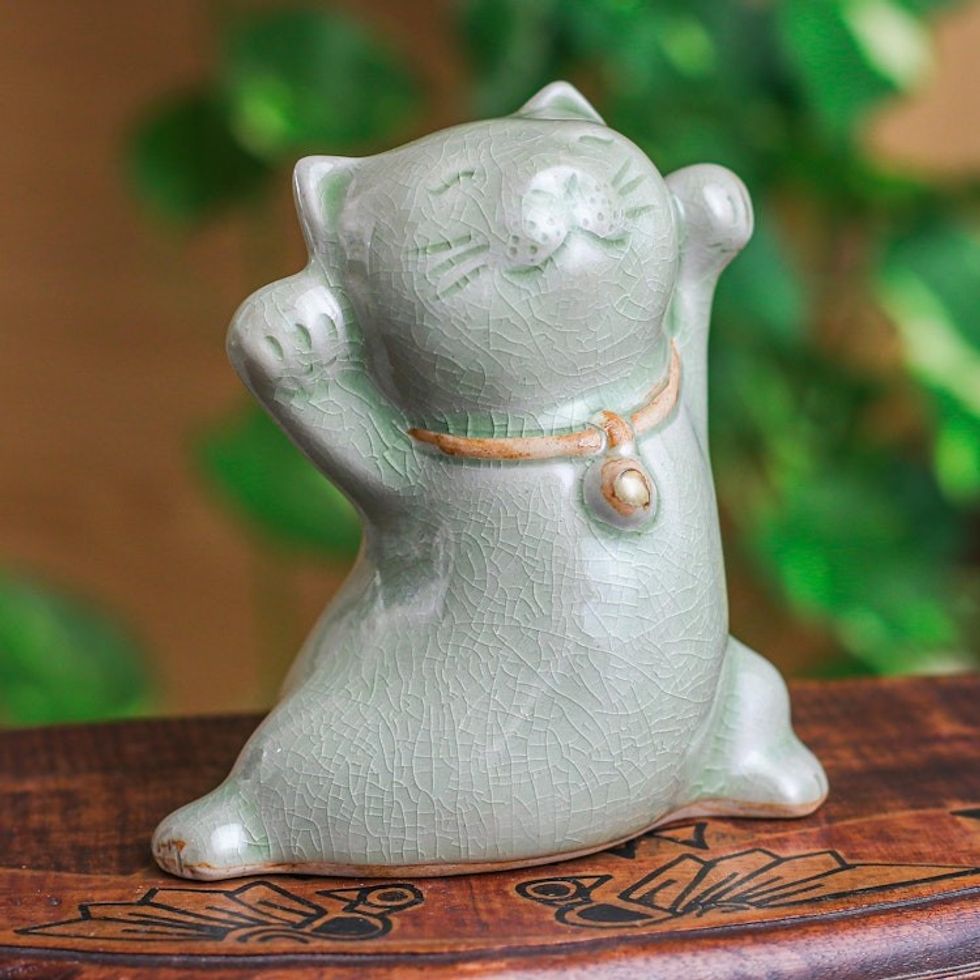 Cat Shaped Celadon Ceramic Figurine Handmade in Thailand 'Lucky and Playful'