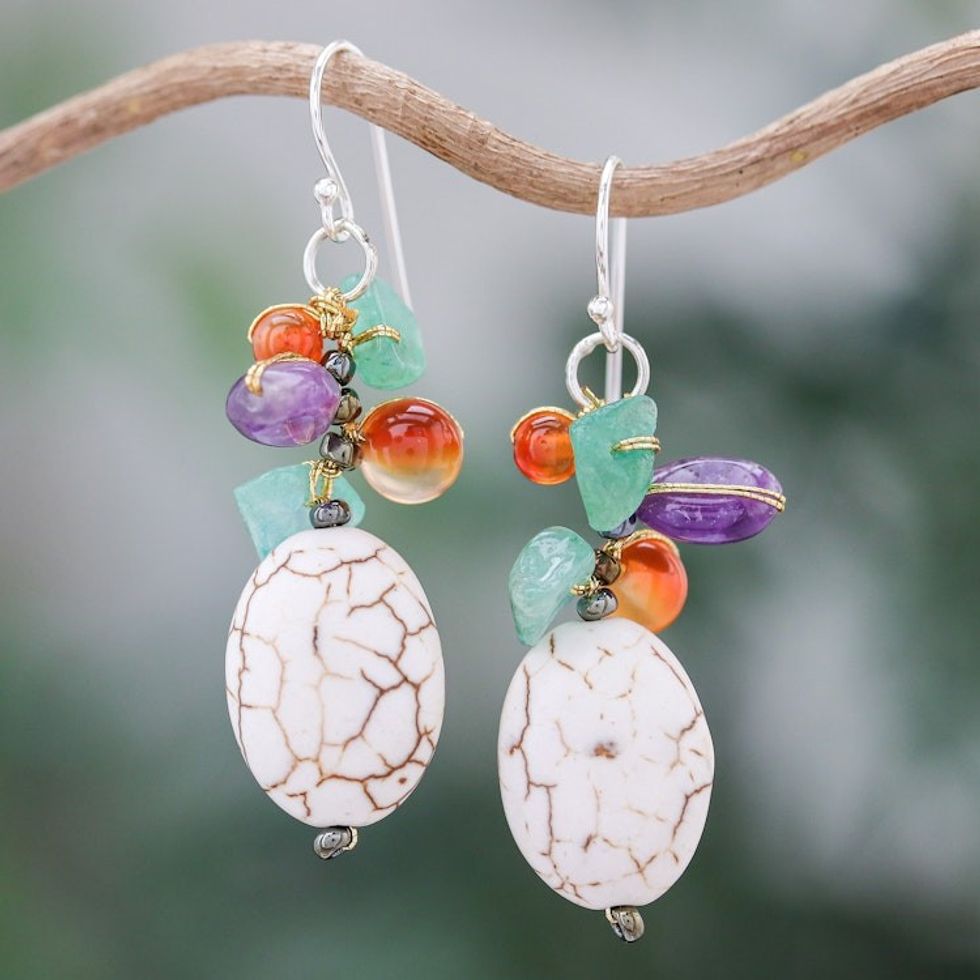 Cluster Dangle Earrings with Howlite and Gemstone Beads 'Crackled Spring'