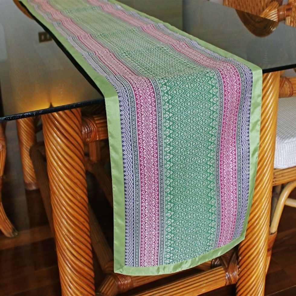 Hand Woven Yok Dok Cotton Table Runner in Green Pink Blue 'Lanna Beauty'