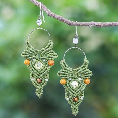 Alternate image for Green Macrame Cord Dangle Earrings with Jasper  Beads Boho Party in Green