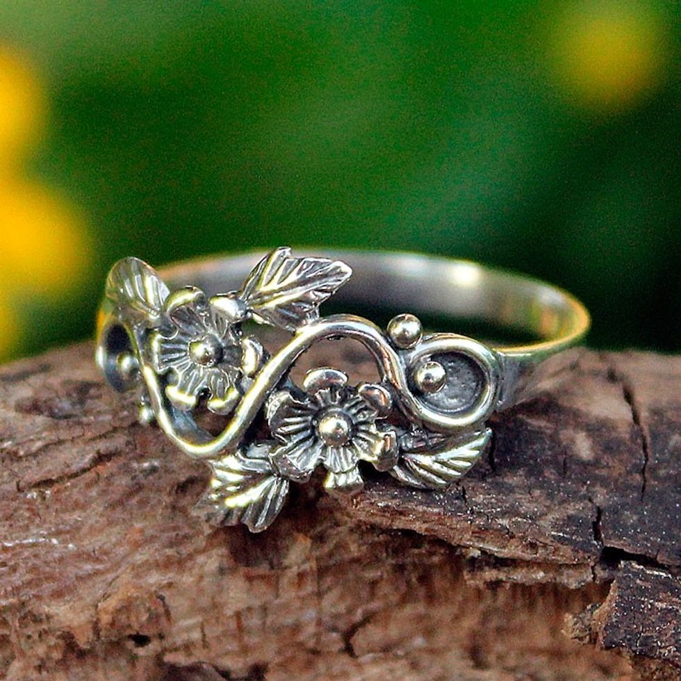 Flower and Leaf Sterling Silver Band Ring from Thailand 'Siam Bouquet'