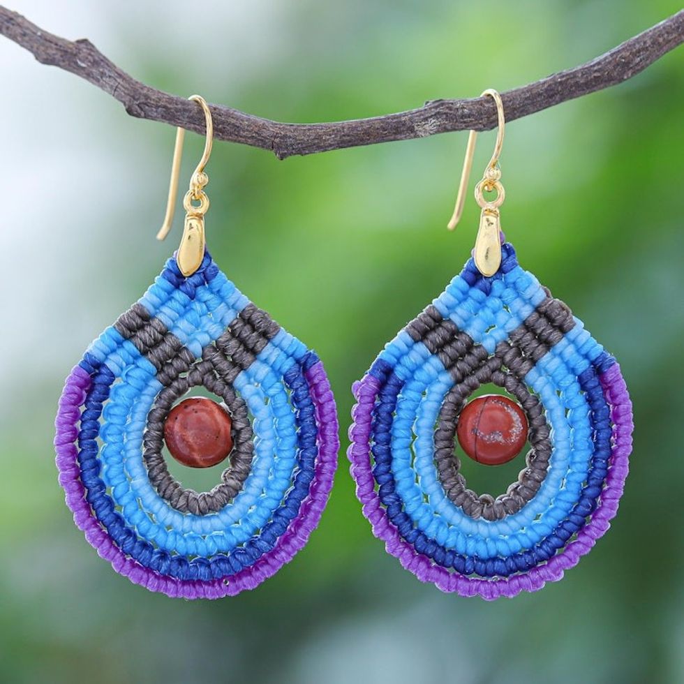 Blue and Purple Macrame Dangle Earrings with Jasper 'Refracted Raindrop'