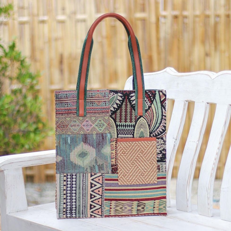 Cotton Blend and Leather Accented Tote Bag 'Happy Day in Green'