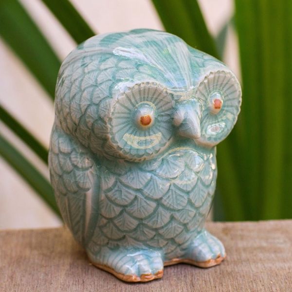 Alternate image for Blue Celadon Ceramic Owl Figurine Little Blue Owl