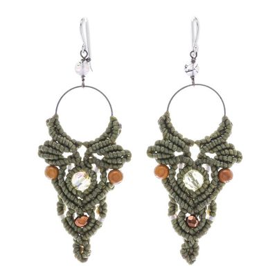 Alternate image for Green Macrame Cord Dangle Earrings with Jasper  Beads Boho Party in Green