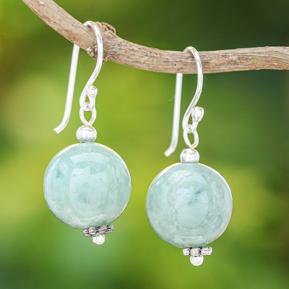 Jade Bead and Sterling Silver Dangle Earrings from Thailand 'Touch of Jade'