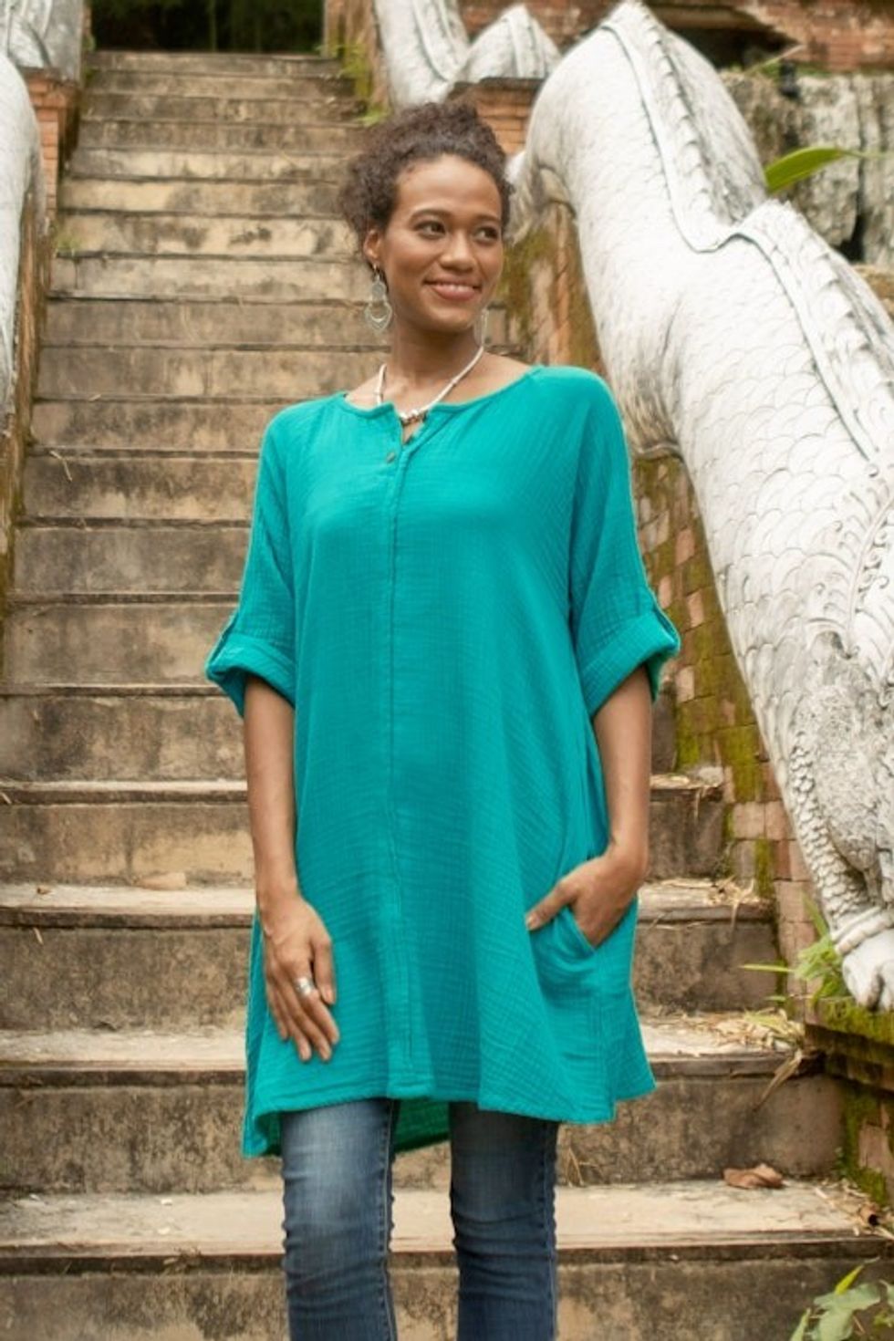 Artisan Crafted Cotton Tunic 'Fresh Breeze in Sea Green'