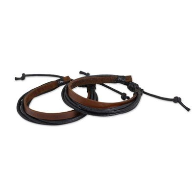 Alternate image for Brown Leather and Black Cotton Bracelets for Men Pair Bold Contrast