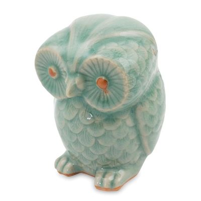 Alternate image for Blue Celadon Ceramic Owl Figurine Little Blue Owl