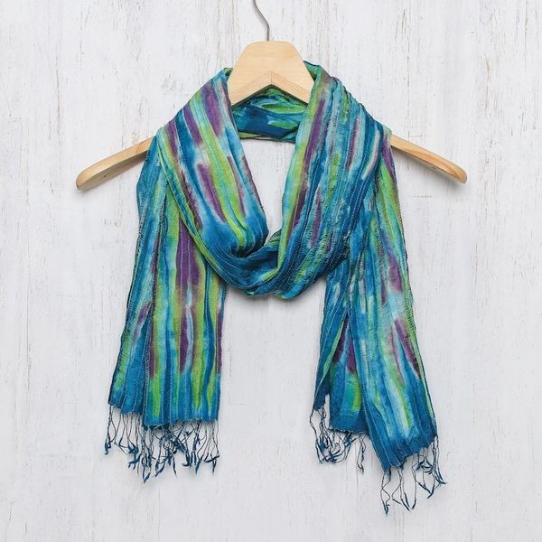 Alternate image for Hand Woven Fringed Silk Scarf in Multicolor from Thailand Enchanting Love