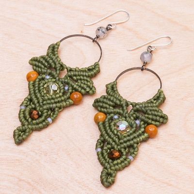 Alternate image for Green Macrame Cord Dangle Earrings with Jasper  Beads Boho Party in Green