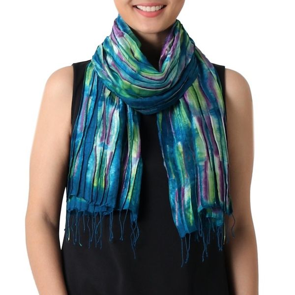 Alternate image for Hand Woven Fringed Silk Scarf in Multicolor from Thailand Enchanting Love