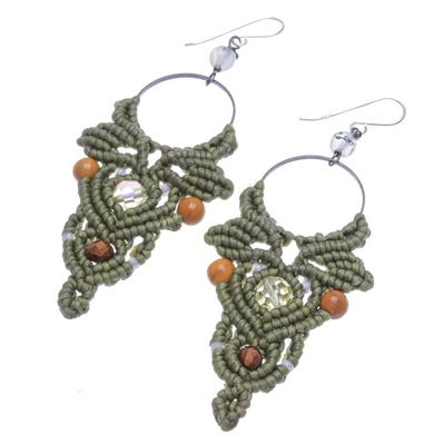 Alternate image for Green Macrame Cord Dangle Earrings with Jasper  Beads Boho Party in Green