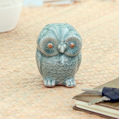 Alternate image for Blue Celadon Ceramic Owl Figurine Little Blue Owl
