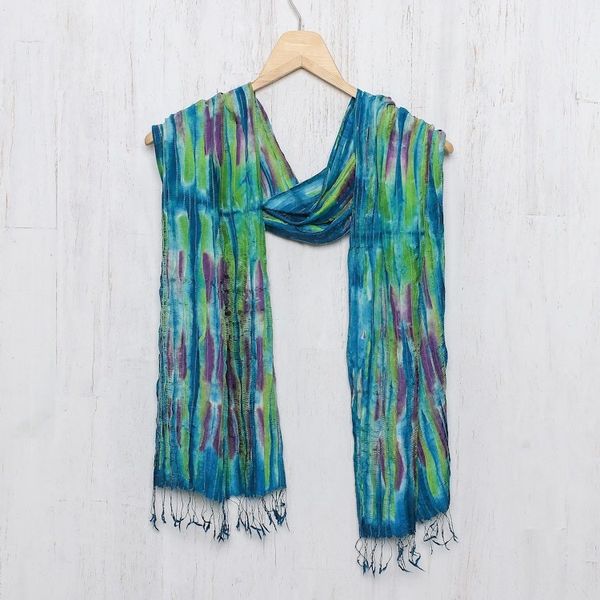 Alternate image for Hand Woven Fringed Silk Scarf in Multicolor from Thailand Enchanting Love
