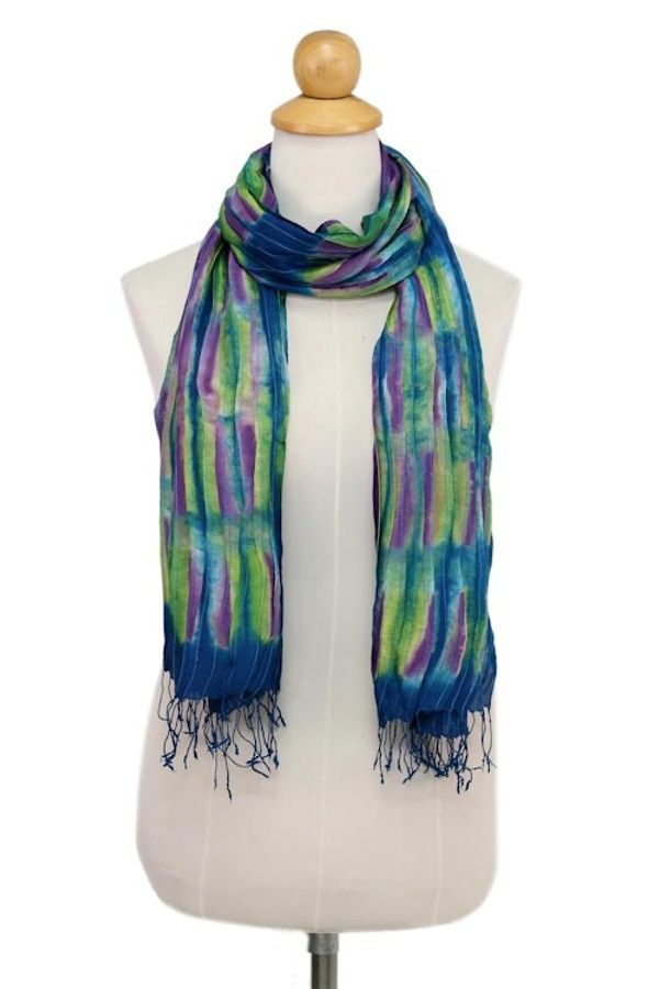 Alternate image for Hand Woven Fringed Silk Scarf in Multicolor from Thailand Enchanting Love