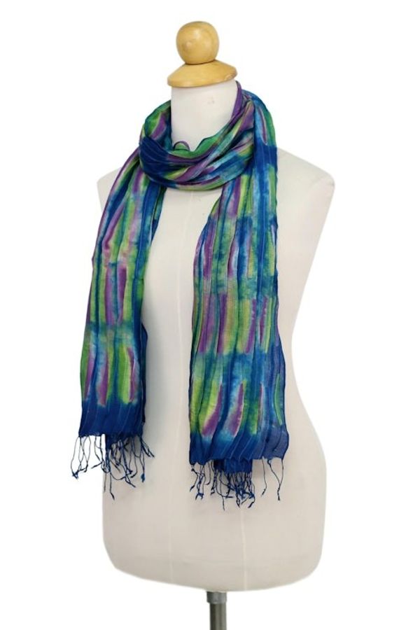 Alternate image for Hand Woven Fringed Silk Scarf in Multicolor from Thailand Enchanting Love