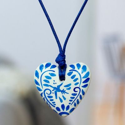 Alternate image for Talavera Style Blue  White Bird Papier Mache Heart Necklace Blue Talavera