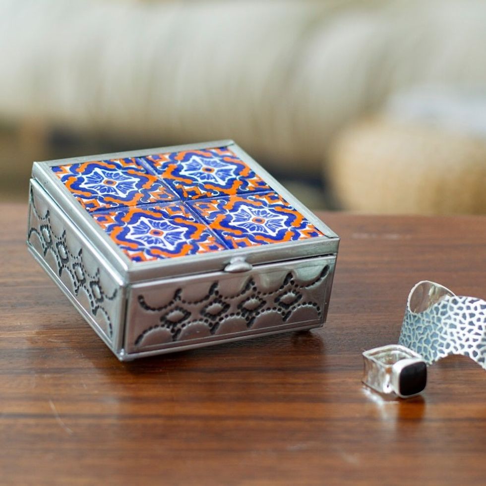 Handcrafted Tin and Ceramic Jewelry Box in Blue and Orange 'Twilight Mansion'