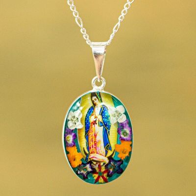 Alternate image for Religious Natural Flower Pendant Necklace from Mexico Floral Guadalupe