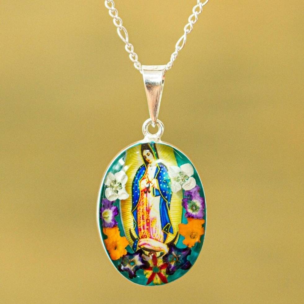 Religious Natural Flower Pendant Necklace from Mexico 'Floral Guadalupe'