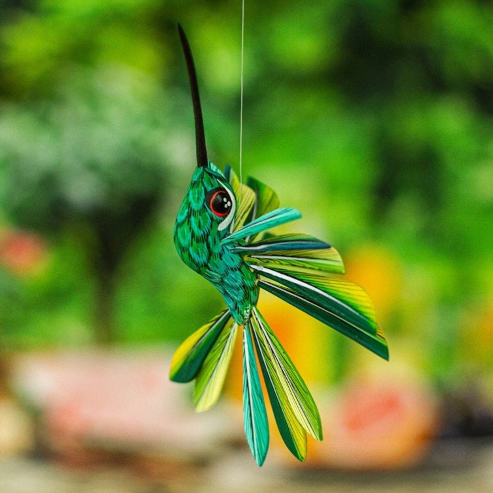 Hand-Painted Green Copal Wood Alebrije Bird Ornament 'Jungle Plumage'