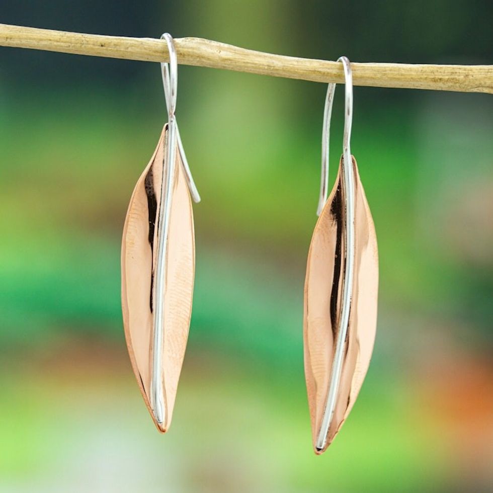 Leafy Sterling Silver Drop Earrings with Copper Plating 'Foliage Majesty'