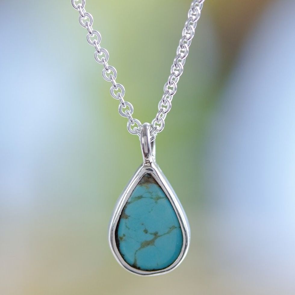 Taxco Sterling Silver Natural Turquoise Teardrop Necklace 'Heaven's Tears'