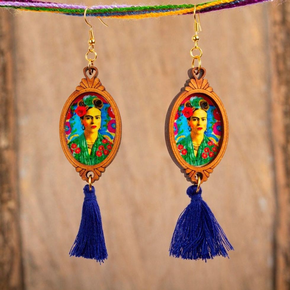 Handcrafted Frida Kahlo Wood Dangle Earrings Blue Tassels 'Frida with Roses'