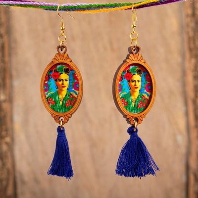 Alternate image for Handcrafted Frida Kahlo Wood Dangle Earrings Blue Tassels Frida with Roses