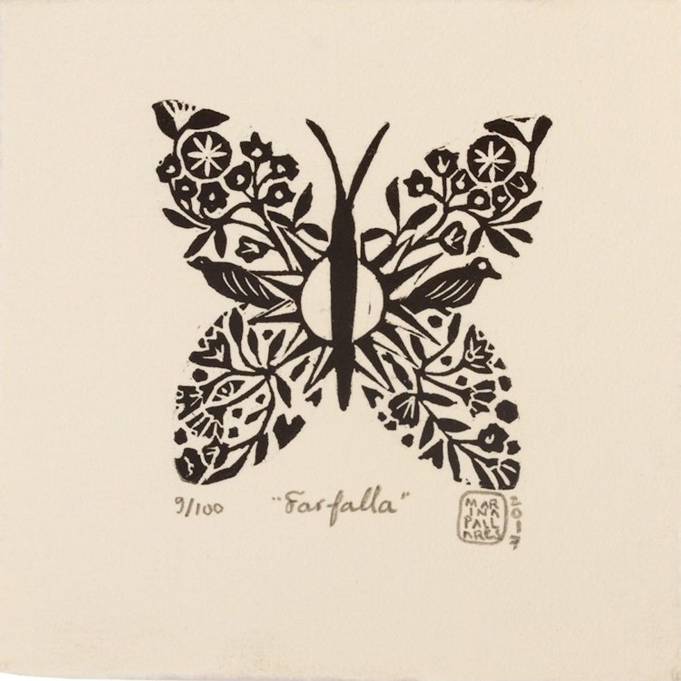 Signed 4-Inch Linoleum Block Print of a Butterfly with Birds 'Farfalla'